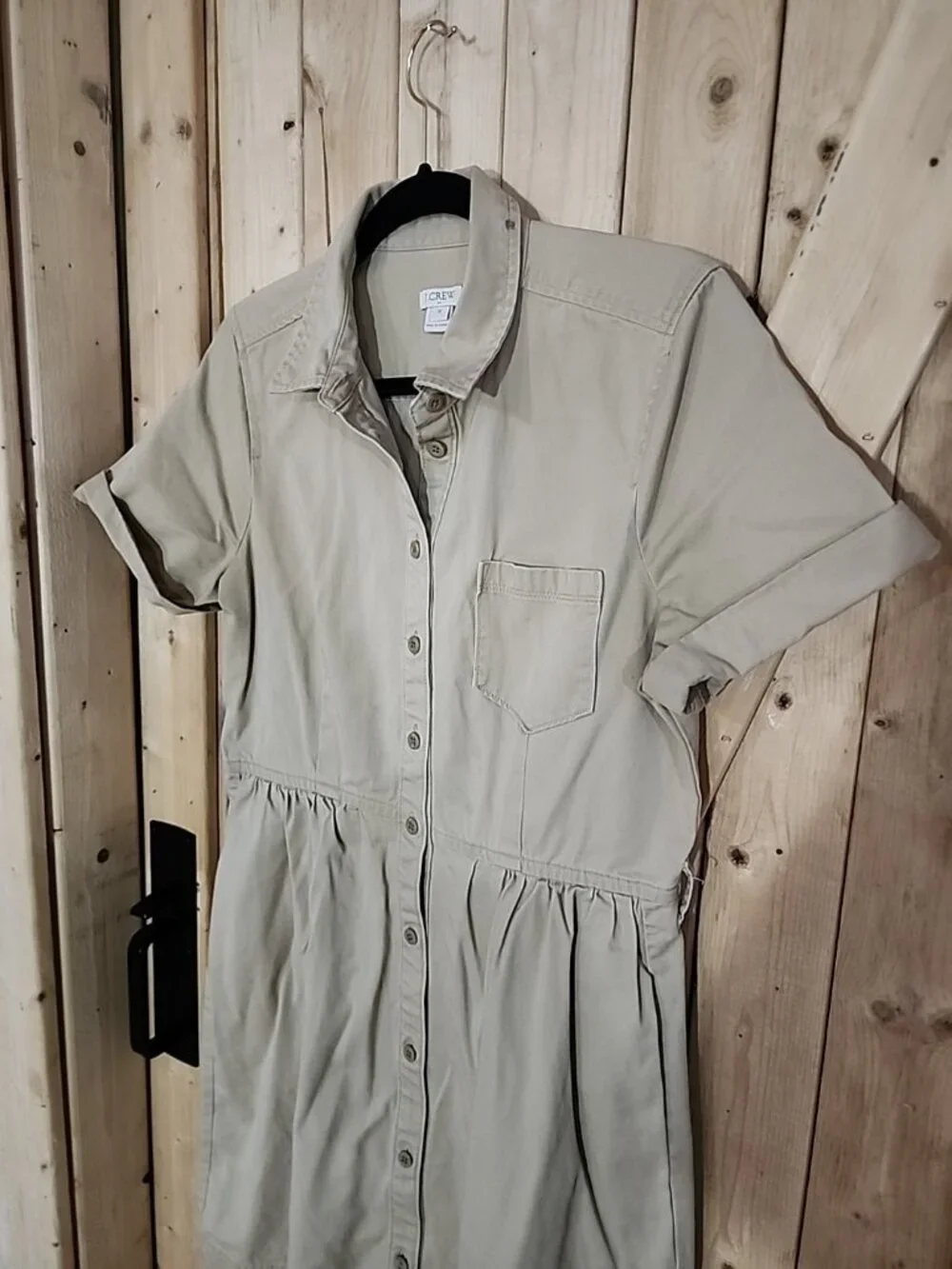 J Crew Denim Shirt Womens 12 Khaki Button‎ Canvas Pockets Capsule Safari Casual